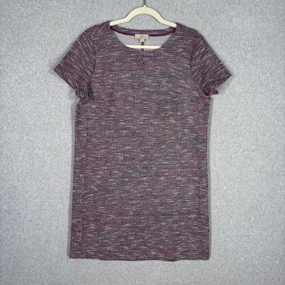LOFT Tweed Shift Dress Large Burgundy Knit Metallic Old Money Preppy Career